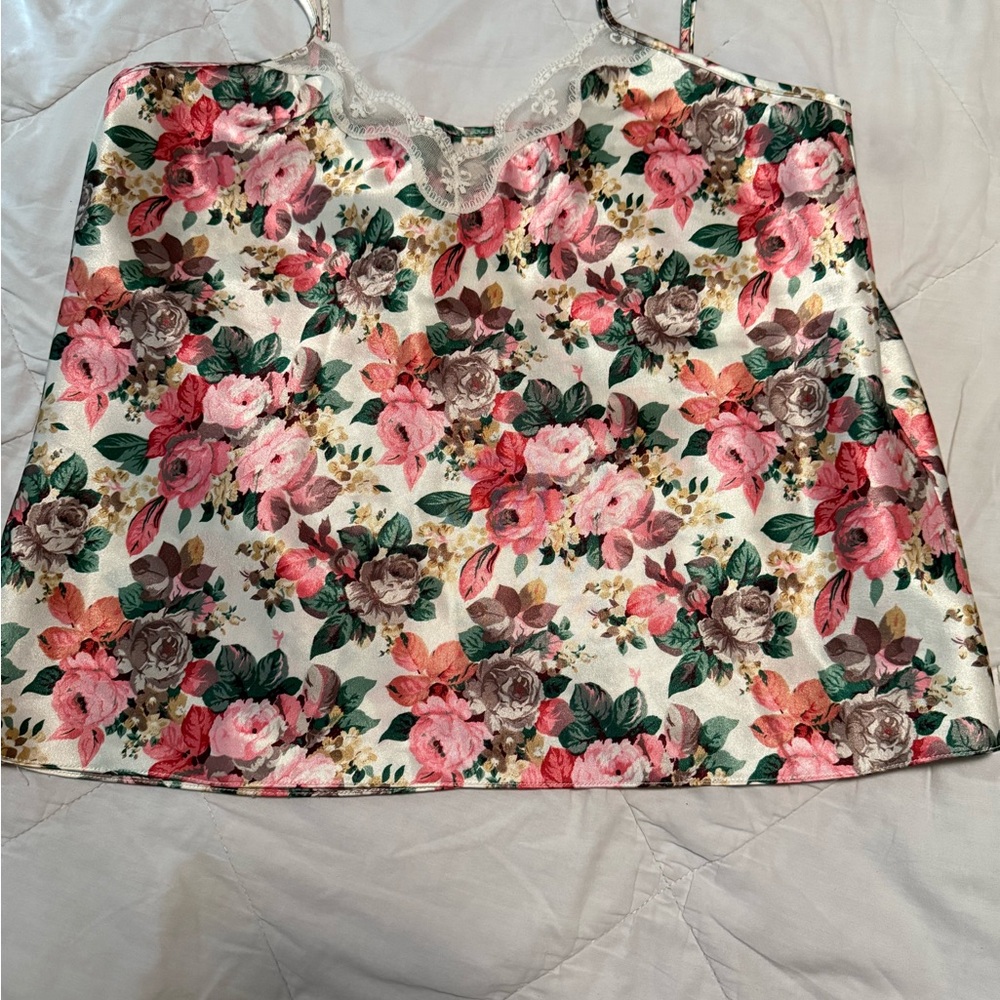 Vintage After Eden Floral Satin Camisole Top Lace Trim 90s Y2K M Lingerie Style